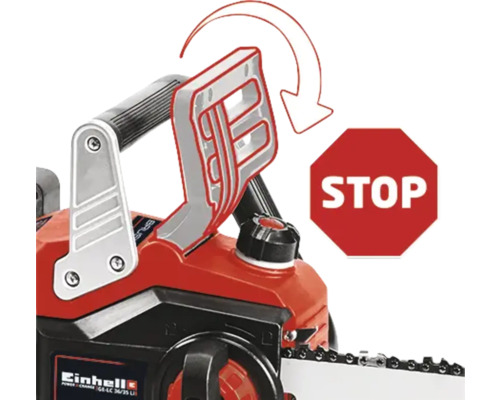 Présentation du système de sécurité d''une tronçonneuse avec un panneau stop