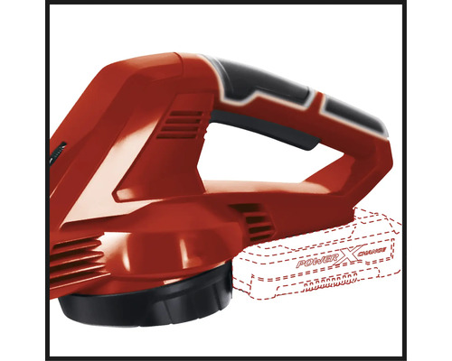 Gros plan d''un aspirateur souffleur à batterie rouge Einhell avec batterie suggérée