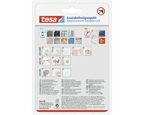 Tesa Ersatzbefestigungsset Produktverpackung mit Informationen zur Anwendung und geeigneten Oberflächen