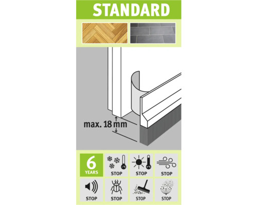 Illustration d''un joint de porte avec une épaisseur d''étanchéité maximale de 18 mm et une garantie de 6 ans. Il empêche le froid, la chaleur, le vent, le bruit, la vermine, la saleté et le pollen.