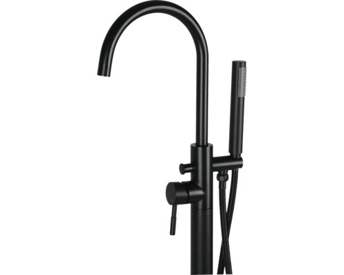 Schwarze freistehende Badewannenarmatur mit Handbrause