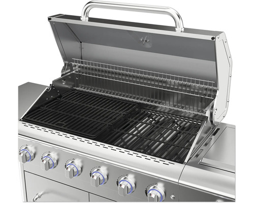 Grill mit offenem Deckel, Grillrost und Bedienknöpfen.