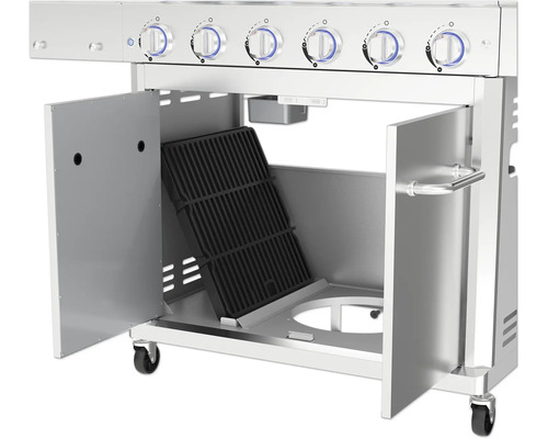 Gasgrill mit geöffneten Türen und Grillrost