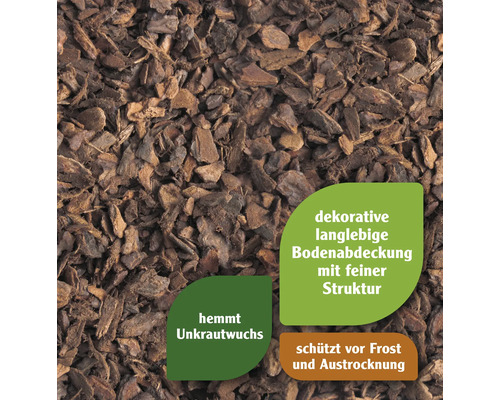 Nahaufnahme von Rindenmulch als dekorative, langlebige Bodenabdeckung