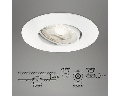 Spot encastré avec les dimensions suivantes : diamètre de 68 mm et 90 mm, et hauteur de 40 mm et 42 mm.