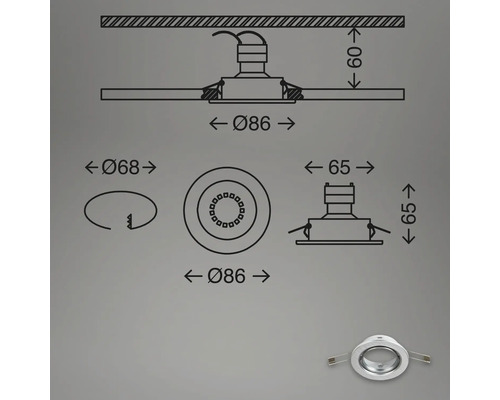 Technische Zeichnung eines Einbaustrahlers mit Maßangaben