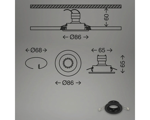 Technische Zeichnung einer Einbauleuchte mit Maßangaben