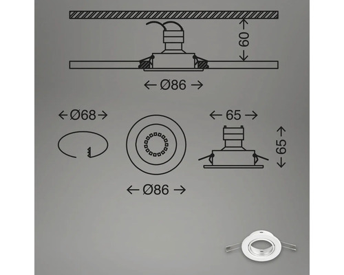 Dessin technique d''un spot encastrable au plafond avec indications de dimensions