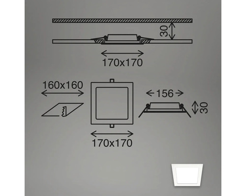 Technische Zeichnung einer quadratischen Einbauleuchte mit Maßangaben