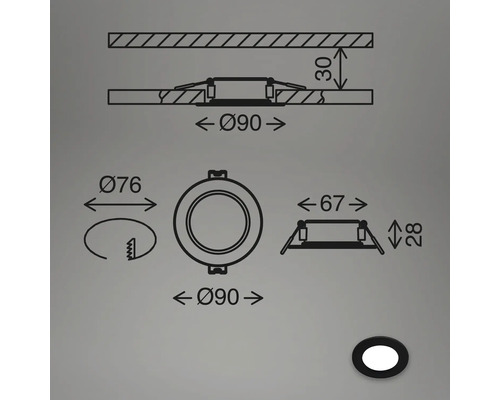 Technische Zeichnung einer runden Einbauleuchte mit Maßangaben