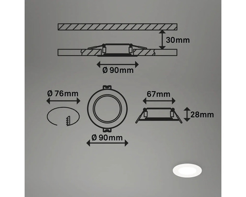 Dessin technique d''un spot encastrable avec indications de dimensions
