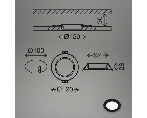 Technische Zeichnung einer runden Einbauleuchte mit Maßangaben