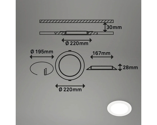 Maße einer Deckenleuchte mit einem Durchmesser von 220 Millimeter.