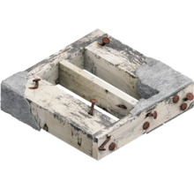 Cadre en bois avec clous et restes de béton