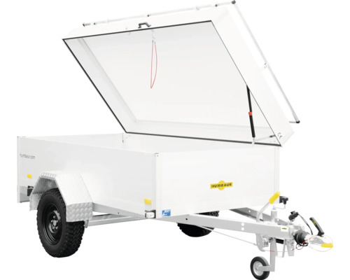 Weisser Anhänger mit hochgeklapptem Deckel