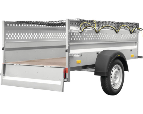 Remorque avec paroi arrière ouverte et filet d''arrimage