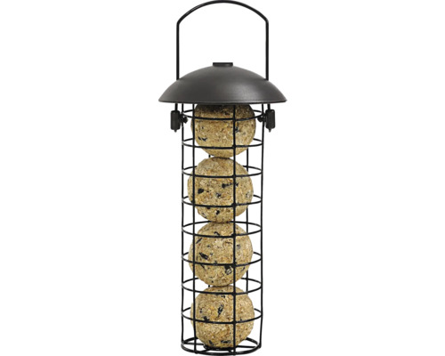 Distributeur de nourriture pour oiseaux avec quatre boules de graisse dans une cage métallique