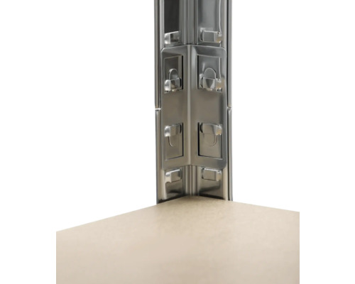 Vue détaillée d''une étagère à emboîter avec des éléments métalliques et une tablette