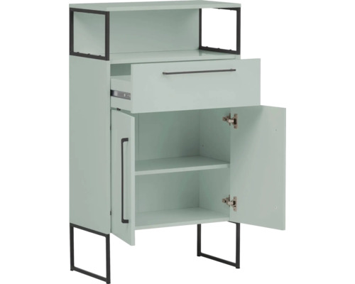 Armoire avec un tiroir, des compartiments ouverts et deux portes