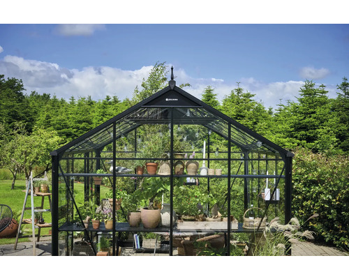 Serre avec plantes et outils de jardin en extérieur