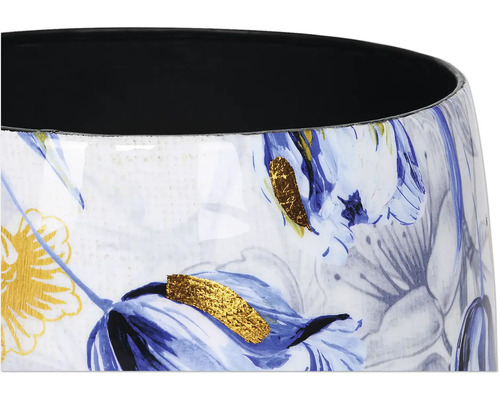 Detailaufnahme einer Vase mit Blumenmuster und Goldakzenten