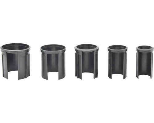 Cinq tubes vides en plastique de différentes tailles