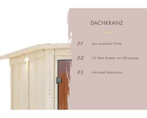 Detailansicht eines Saunahauses aus nordischer Fichte mit Dachkranz