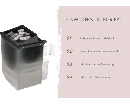 Saunaofen mit 9 Kilowatt Leistung, Edelstahl Aussenmantel, feuerverzinktem Innenmantel, integrierter Steuerung und 18 Kilogramm Diabassteinen
