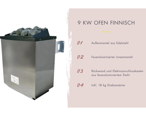 Finnischer 9 Kilowatt Saunaofen mit Diabassteinen