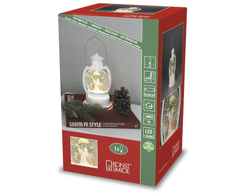 Verpackung einer Schneekugel-Laterne für den Innenbereich von Konstsmide mit LED-Beleuchtung und Timerfunktion