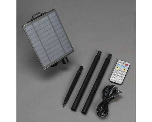 Panneau solaire avec piquet de terre, rallonges, câble USB et télécommande