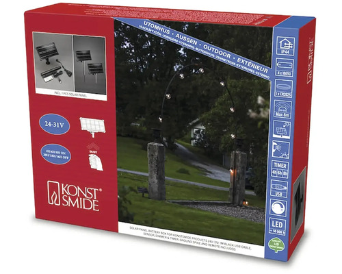 Emballage pour panneau solaire Konstsmide avec batterie pour produits 24-31V incluant câble USB, capteur, variateur, minuterie, piquet de terre et télécommande