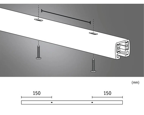 Installationsanleitung für eine Gardinenschiene mit Schrauben und Massangaben