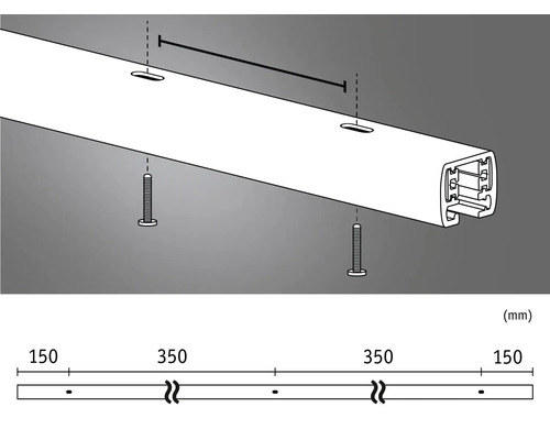 Image d''un rail de rideau avec des indications de dimensions et des positions de vis.
