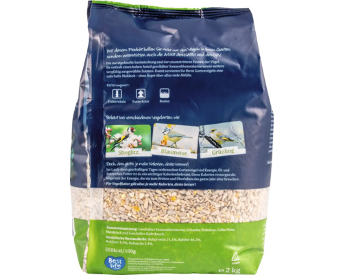 Aliments pour oiseaux en sac de 2 kilogrammes avec graines de tournesol, cacahuètes, millet, maïs et avoine