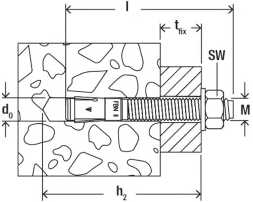 Illustration eines Bolzenankers mit metrischen Angaben zu Länge, Tiefe und Durchmesser.
