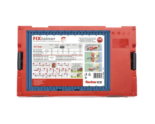 Rote Fixainer Box mit Dübel- und Schraubensortiment von Fischer, 181 Teile