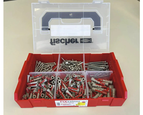 Fischer FIXtainer mit Dübeln und Schrauben in einem roten Sortierkasten mit transparentem Deckel.