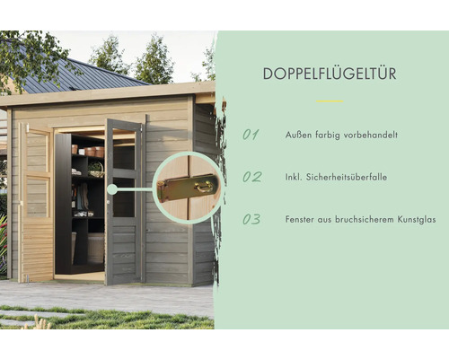 Doppelflügeltür mit Sicherheitsüberfalle an einem Gartenhaus