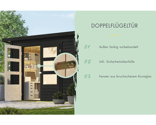 Gartenhaus mit Doppelflügeltür, Sicherheitsüberfalle und Fenster aus bruchsicherem Kunstglas