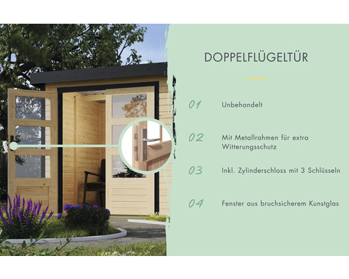 Doppelflügeltür aus unbehandeltem Holz mit Metallrahmen, Zylinderschloss und bruchsicherem Kunstglas