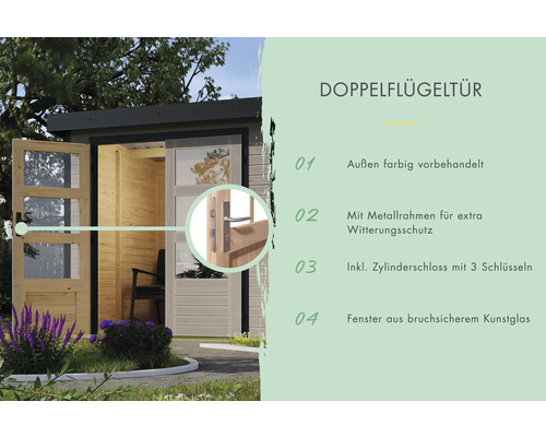 Doppelflügeltür mit Metallrahmen und Zylinderschloss für Gartenhaus