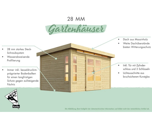 Abri de jardin avec des parois de 28 millimètres d''épaisseur et un toit en bois massif