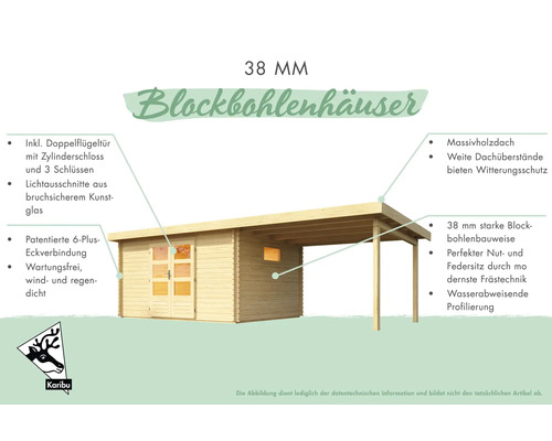 Image d''un chalet en bois massif de 38 millimètres avec porte à double battant, serrure à cylindre et toit en bois massif.