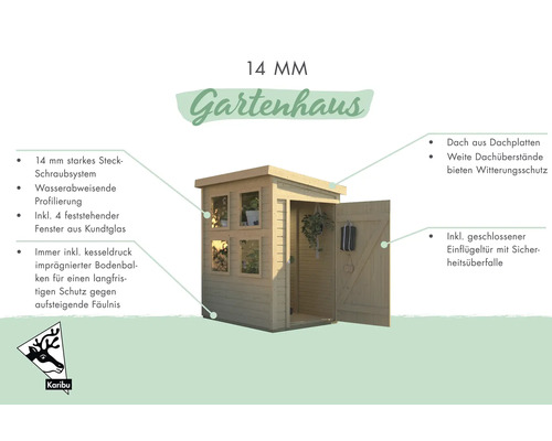 Gartenhaus mit Steck-Schraubsystem, wasserabweisender Profilierung, vier Fenstern aus Kunstglas und einer geschlossenen Flügeltür mit Sicherheitsüberfalle