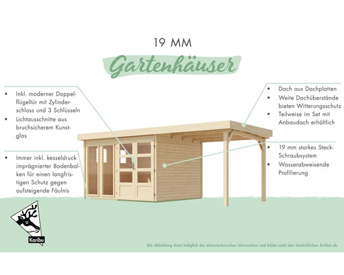 Abri de jardin avec porte à double vantail, serrure à cylindre, plaques de toit et profilé hydrofuge