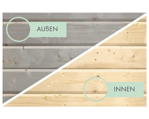 Holzfassade mit Farbunterschied zwischen Aussen- und Innenbereich