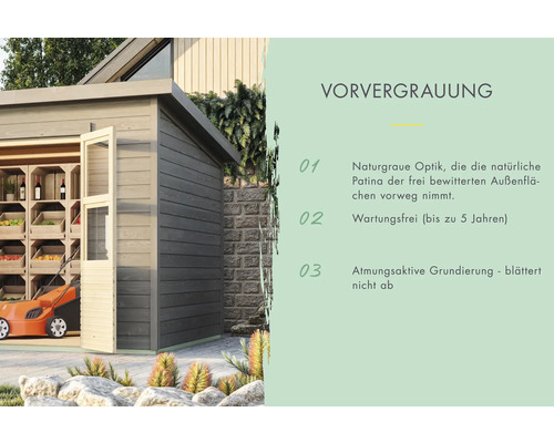 Gartenhaus mit Regalen, Rasenmäher und Vorvergrauung