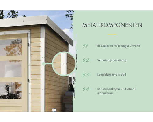 Detailansicht eines Gartenhauses mit Fokus auf Metallkomponenten und Schraubenköpfe