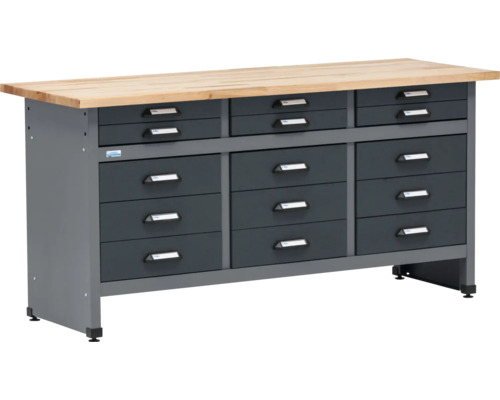 Werkbank mit Schubladen und einer Arbeitsplatte aus Holz.